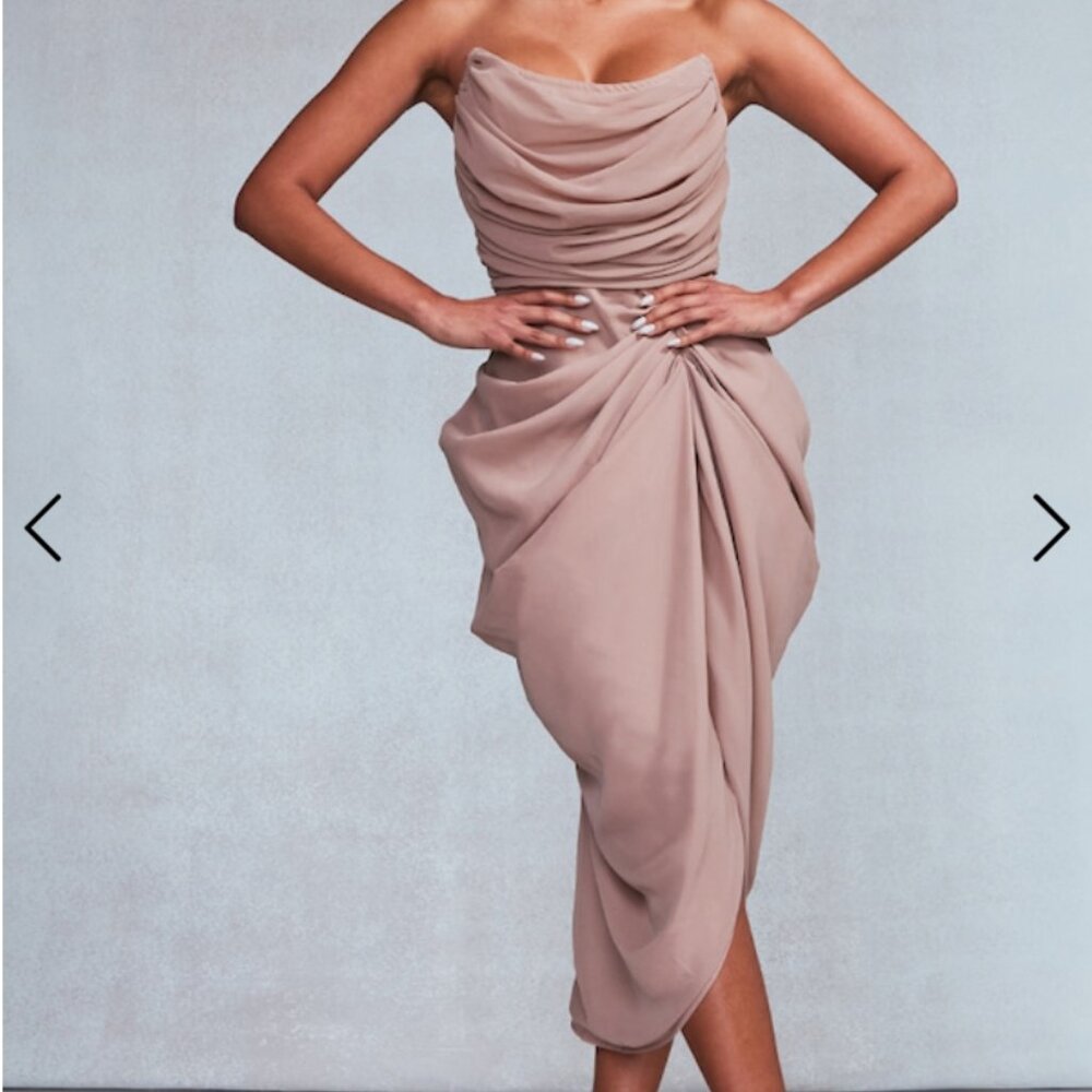 NWT: Taupe Chiffon Corset Bandeau Draped Midi Dress